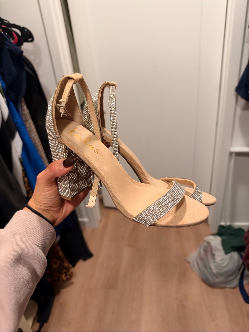Lulu's Nude Rhinestone Block Heel Sandals